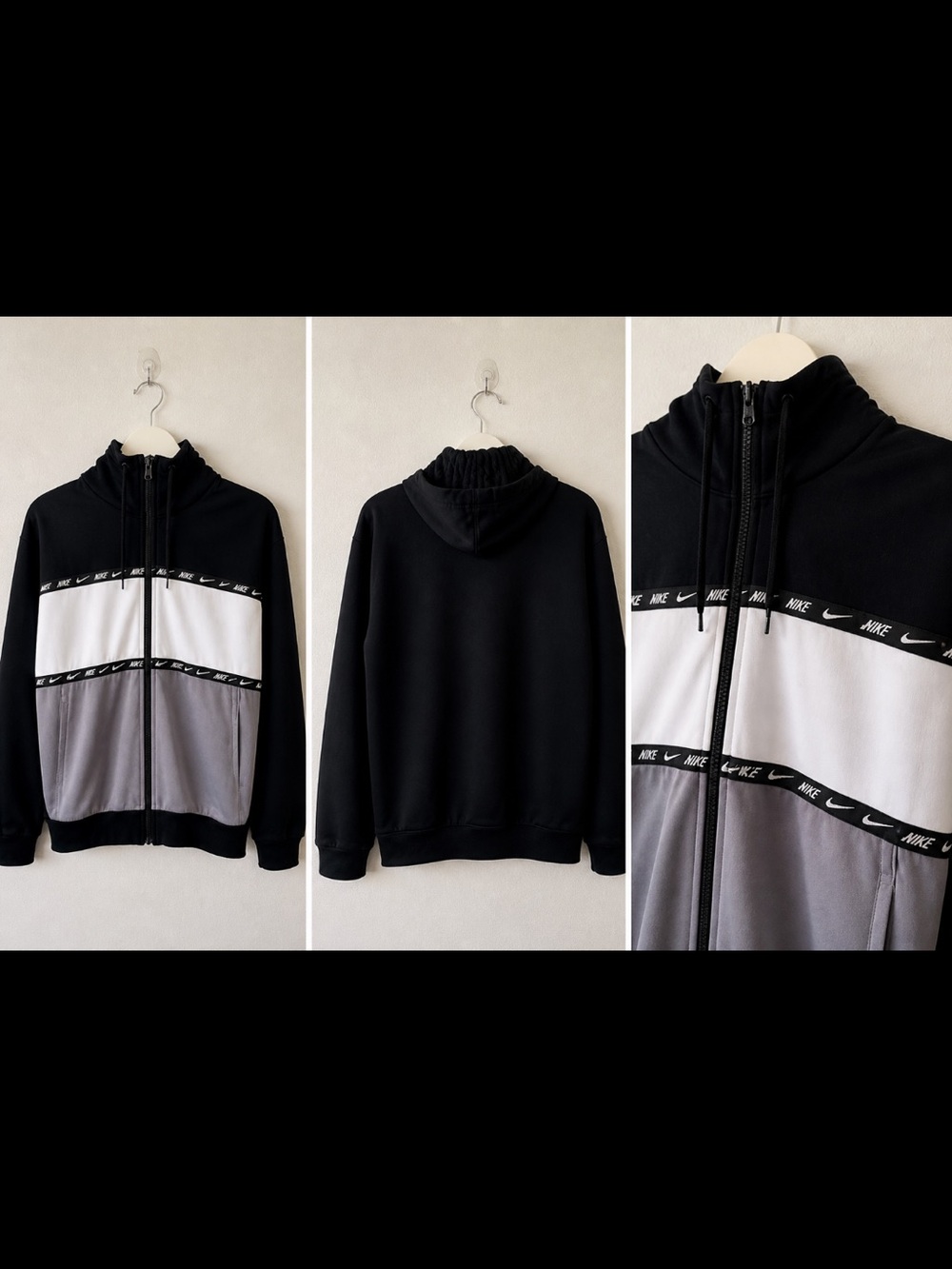 Nike Men’s Black White Gray Zip-Up Hooded Sweater with Branded Tape